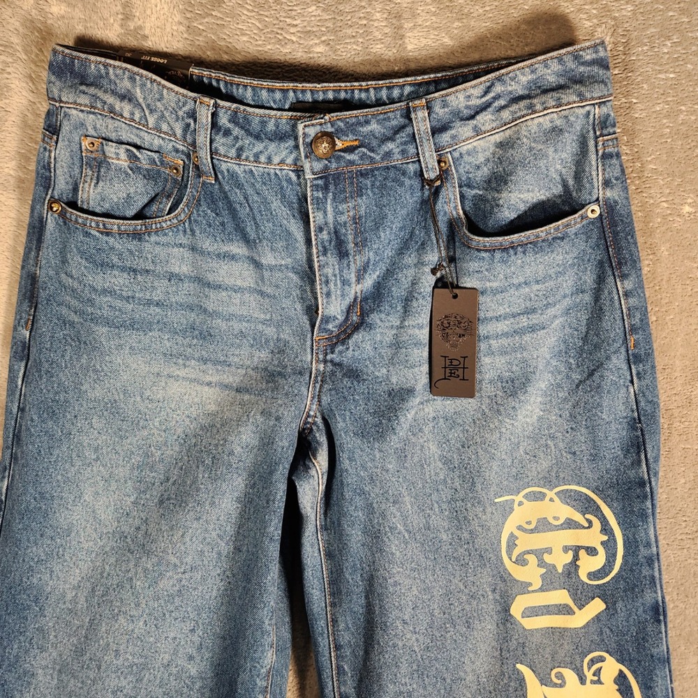 ED HARDY Women's Size 32 Blue Wide Leg Jeans Tattoo Print Embellished WEHD8500-2 - Picture 7 of 15